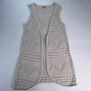 Vintage Y2K 90s Mudd Beige Crochet Knit Vest Open Front Boho Sleeveless Cardigan